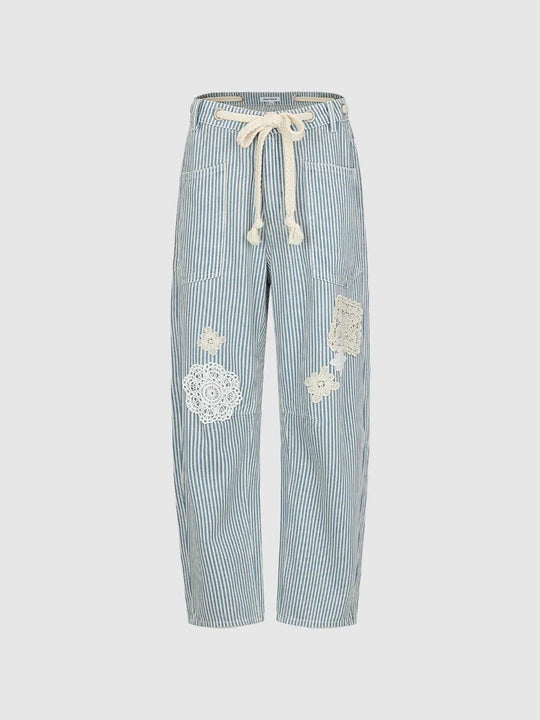 Striped Cotton Drawstring Waist Crochet Patch Pants