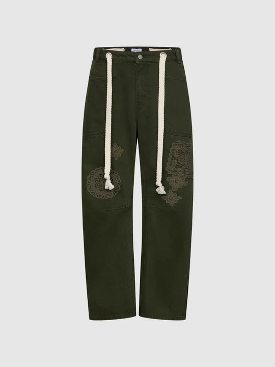 Lace Embroidered Cargo Cotton Lyocell Blend Pants