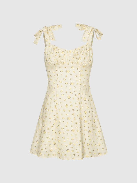 Ruched Floral Tie Strap Sleeveless Mini Dress Cotton Linen