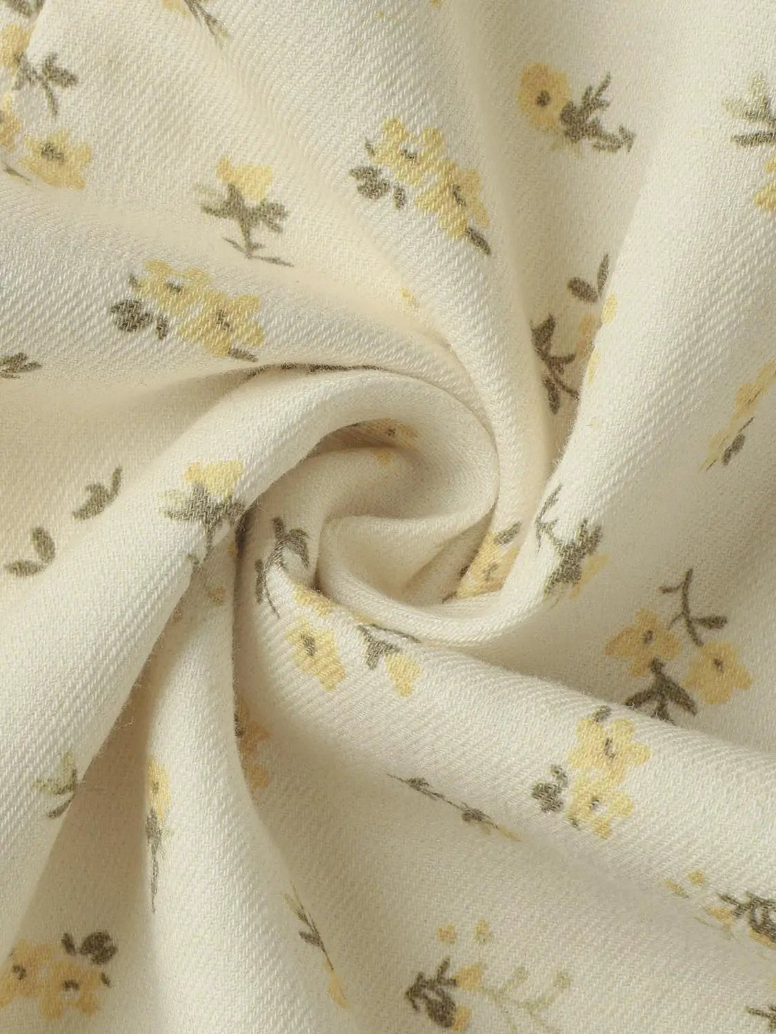Casual Denim Dress in cream fabric with small yellow floral print, Urban Revivo Fashion.