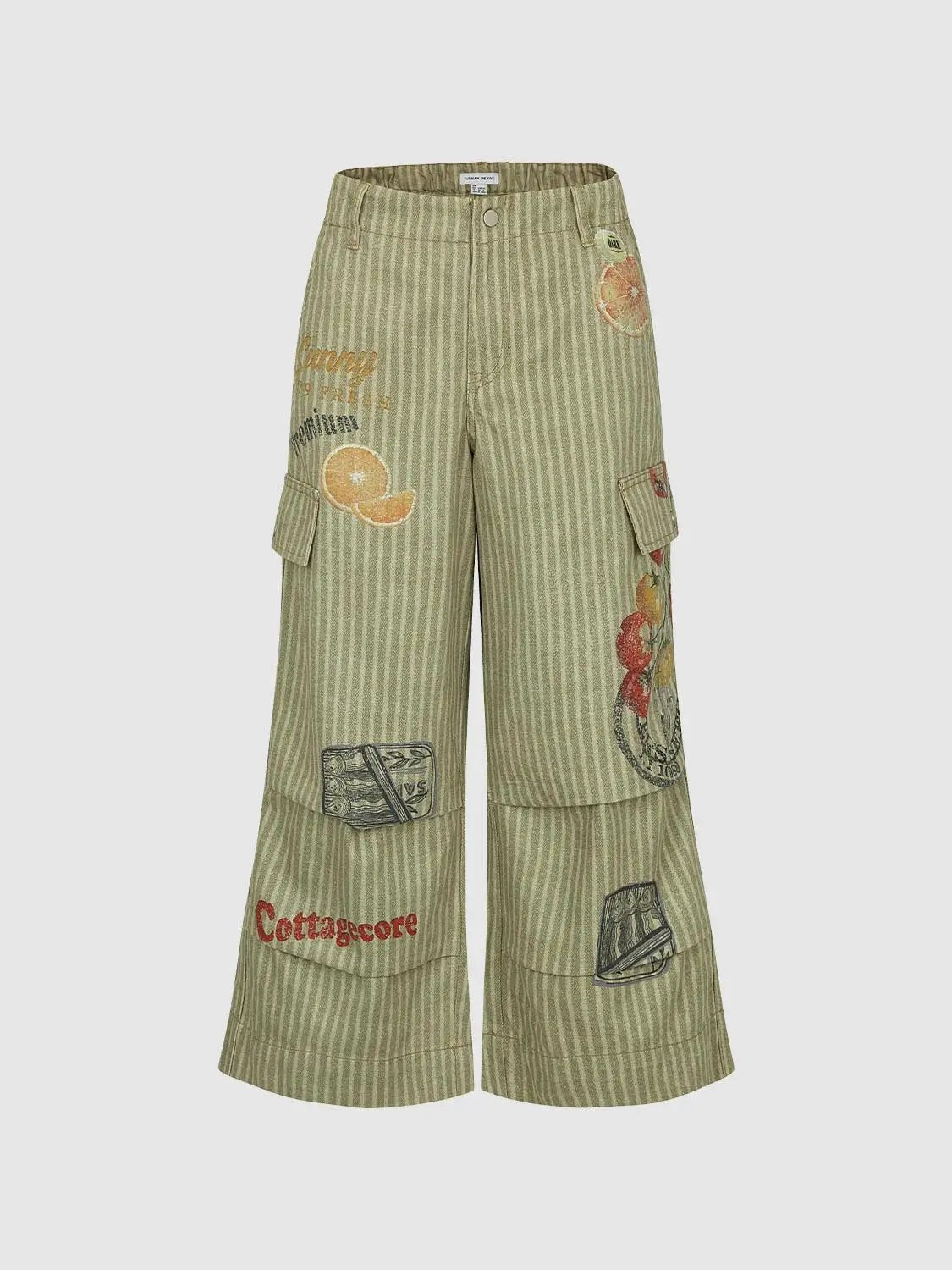 Casual Pants by Urban Revivo Fashion; olive-green striped cargo pants with fruit prints