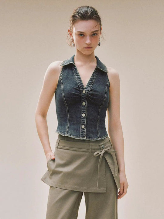 Ruched Denim Collar Sleeveless Button Shirt
