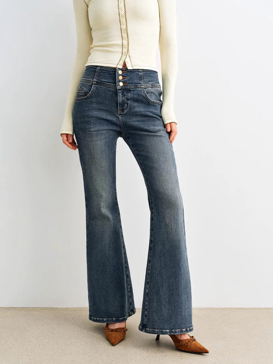 Jeans svasati vintage in misto cotone a vita alta con chiusura a bottoni