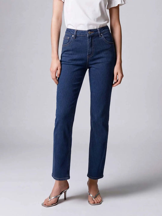 Jean droit rayé taille haute en coton mélangé