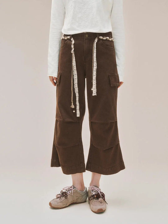 Wide-leg Cotton Cargo Pants With Decorative Rope Belt