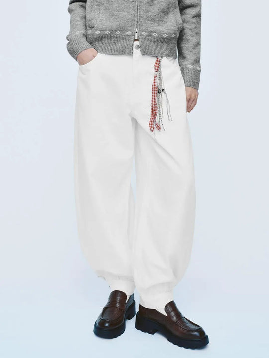 Pantalon en mélange de coton coupe large taille basse à carreaux et pampilles