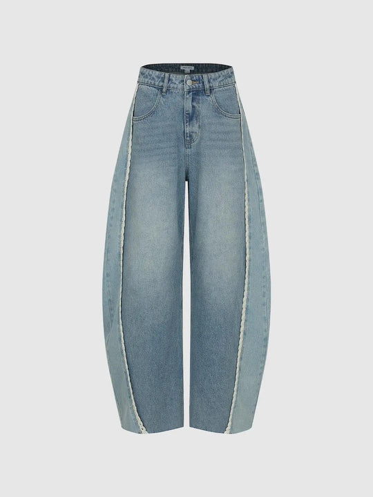 Hell gewaschene, hoch taillierte, segmentierte Wide-Leg-Jeans aus Baumwolle