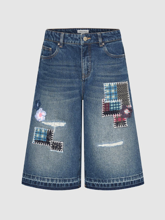 Distressed Patchwork Cotton Wide-leg Capri Shorts