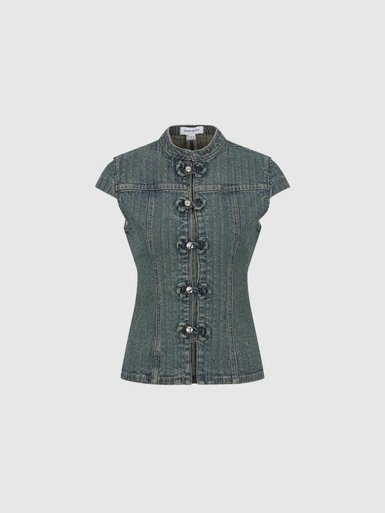 Camicia in denim di cotone aderente, a maniche corte, con bottoni e nodo