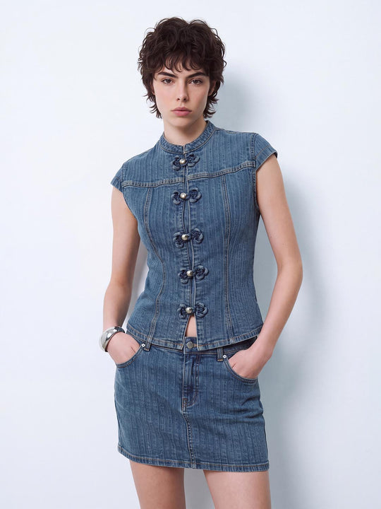 Fitted Twisted Button Sleeveless Cotton Denim Shirt