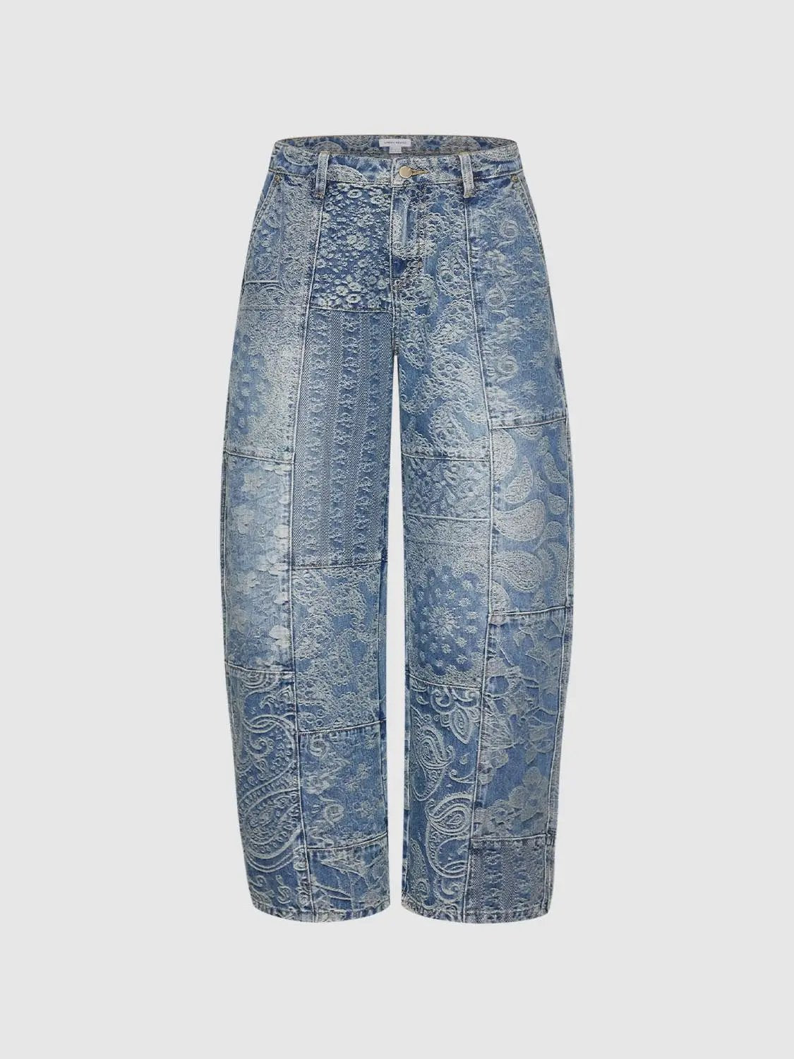 Jeans by Urban Revivo Fashion; blue patchwork denim with lace jacquard panels