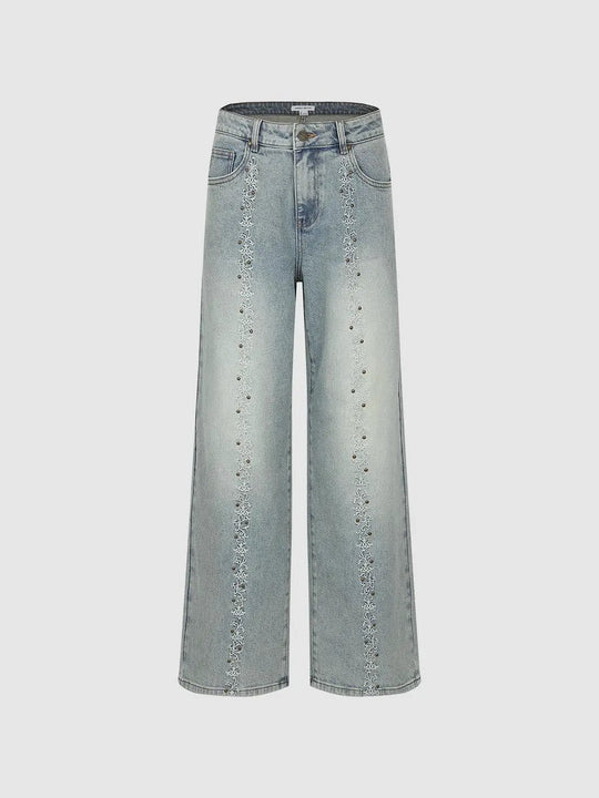 Embroidered Wide-leg High-waisted Cotton Jeans