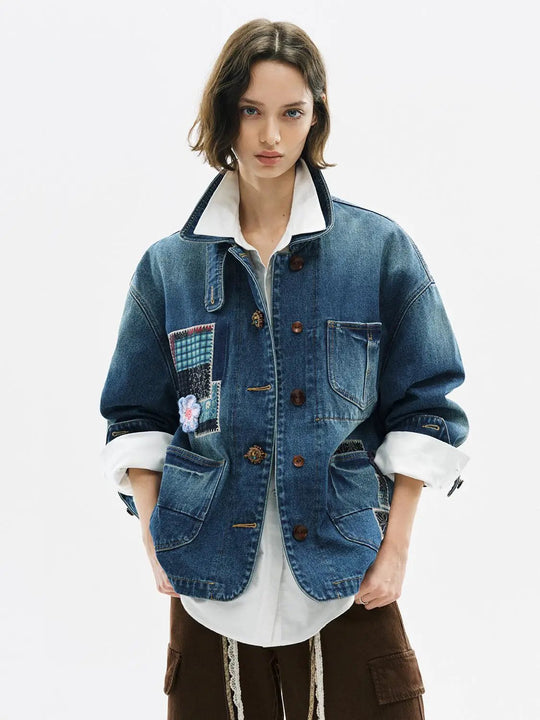 Baumwoll-Denimjacke mit Blumen-Patchwork und langen Ärmeln