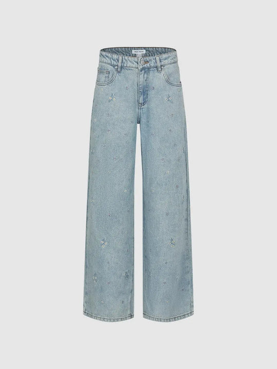 Light Wash Floral Embroidered Wide-leg Cotton Jeans