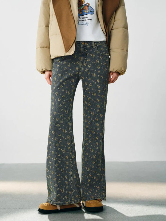 Floral Print High-waisted Wide-leg Cotton Blend Pants