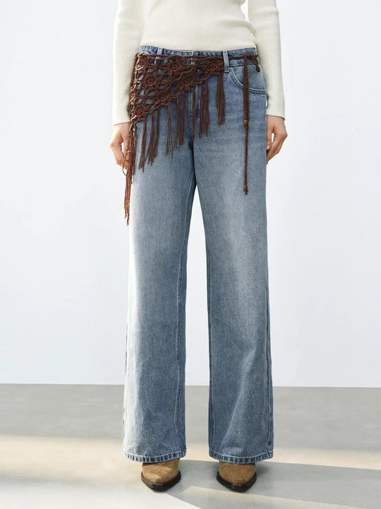 Fringe Belt Detail Light Wash Wide-leg Cotton Jeans