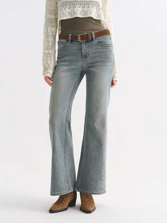 Light Wash Embroidered Wide-leg Mid-rise Cotton Blend Jeans