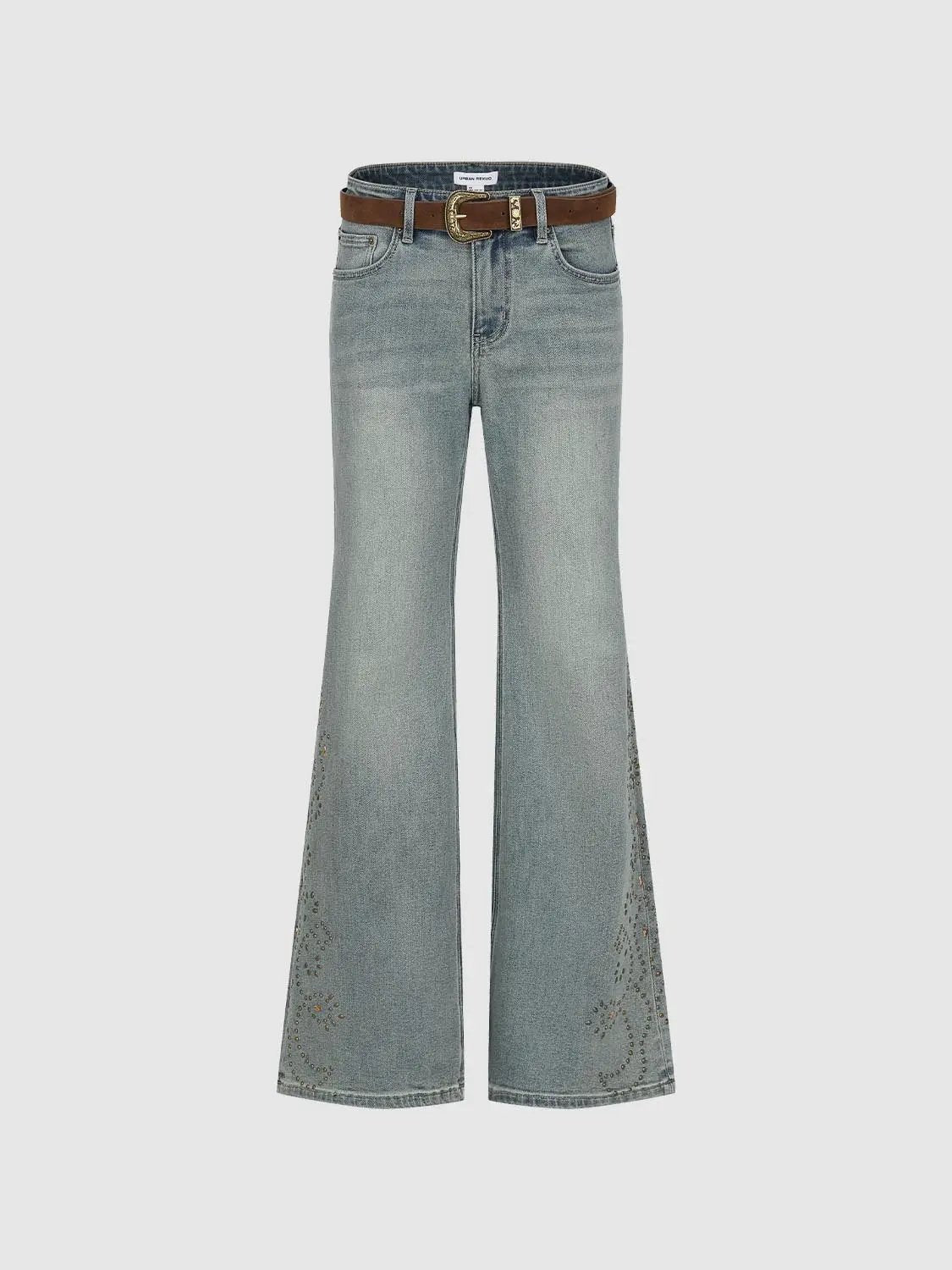 W_Jeans light-wash denim with brown leather belt and flared legs, Urban Revivo Fashion.