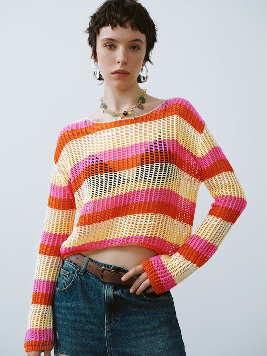 Striped Boat Neck Knitted T-Shirt