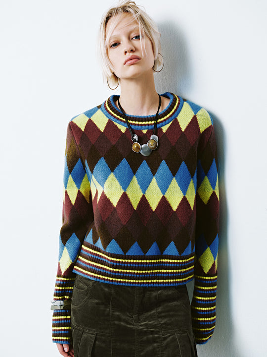 Rhombus Crew Neck Knitted T-Shirts