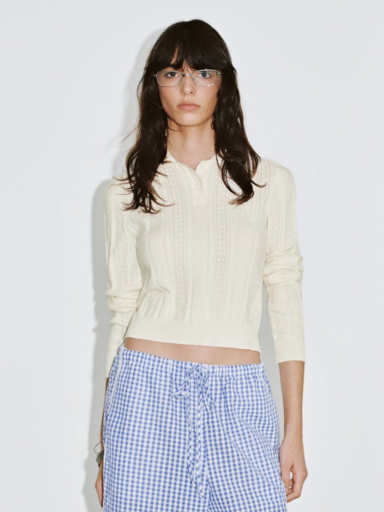 Camisetas de punto de manga larga con cuello redondo y botón superior