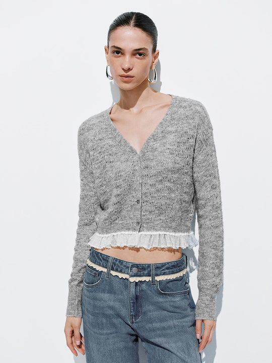 Cárdigans de punto con escote en V y dobladillo de encaje