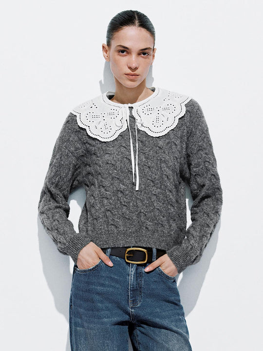 Laced Collar Long Sleeve Cable Knitted T-Shirts