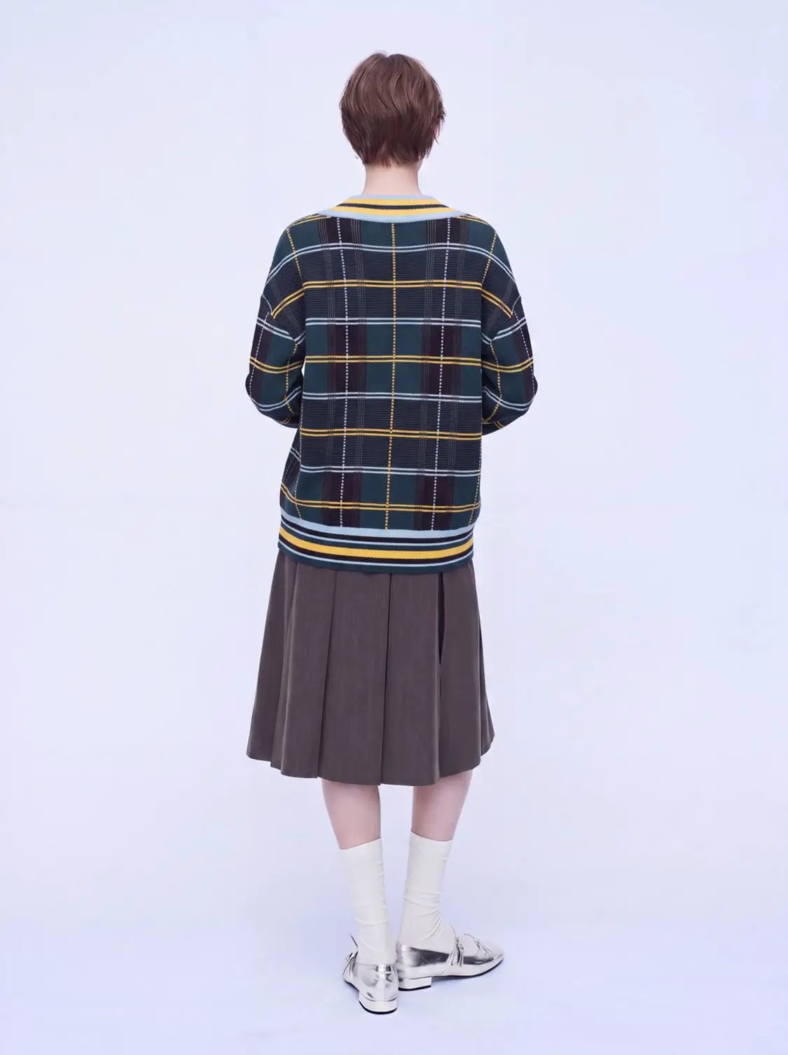Check Long Sleeve Knitted T-Shirt by Urban Revivo Fashion, green/navy plaid with yellow accents