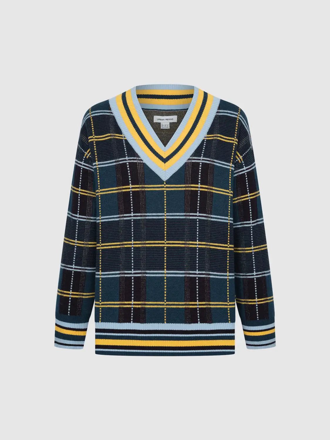 Check long-sleeve knitted sweater in navy plaid with yellow and light-blue stripes, V-neck, Urban Revivo Fashion.