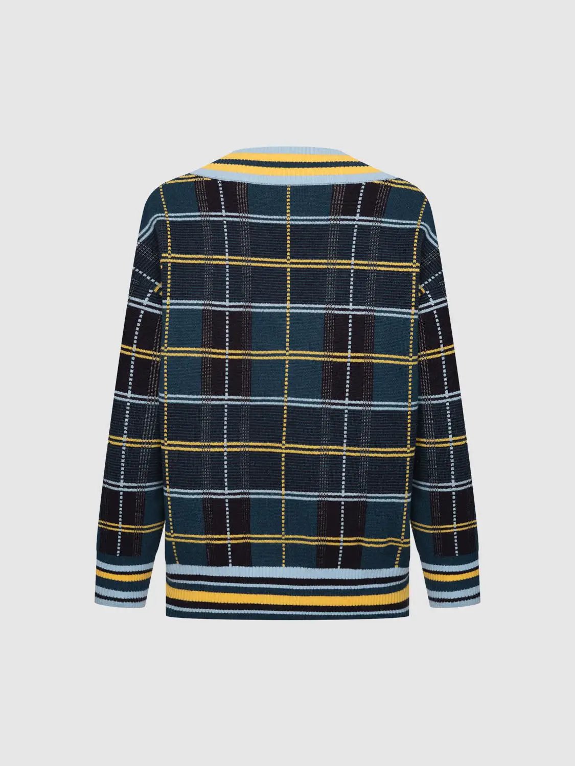Check long sleeve knitted T-shirt in blue plaid with yellow accents, Urban Revivo Fashion.