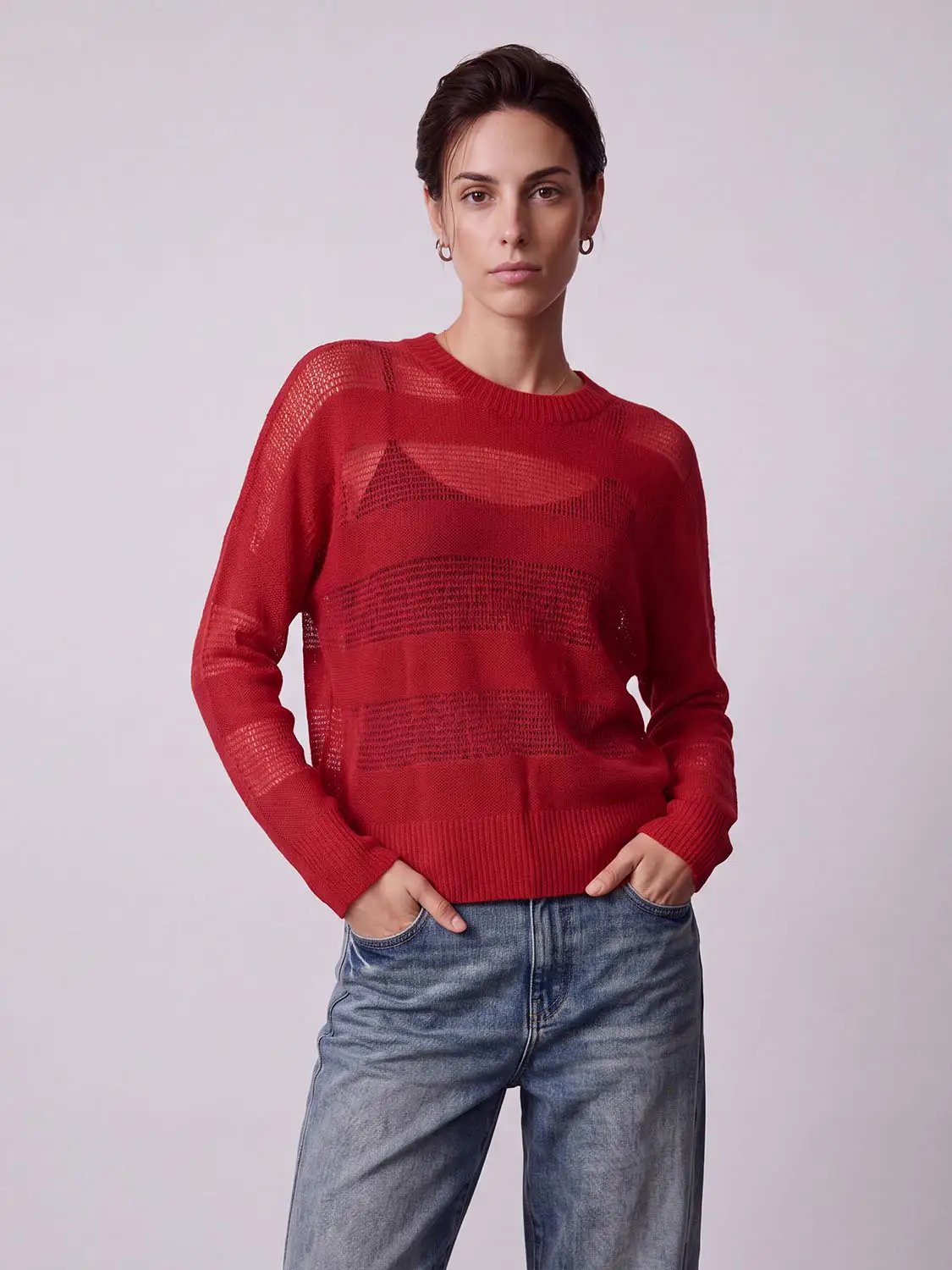 Striped sheer knitted T-shirts by Urban Revivo Fashion in red, model wearing jeans.