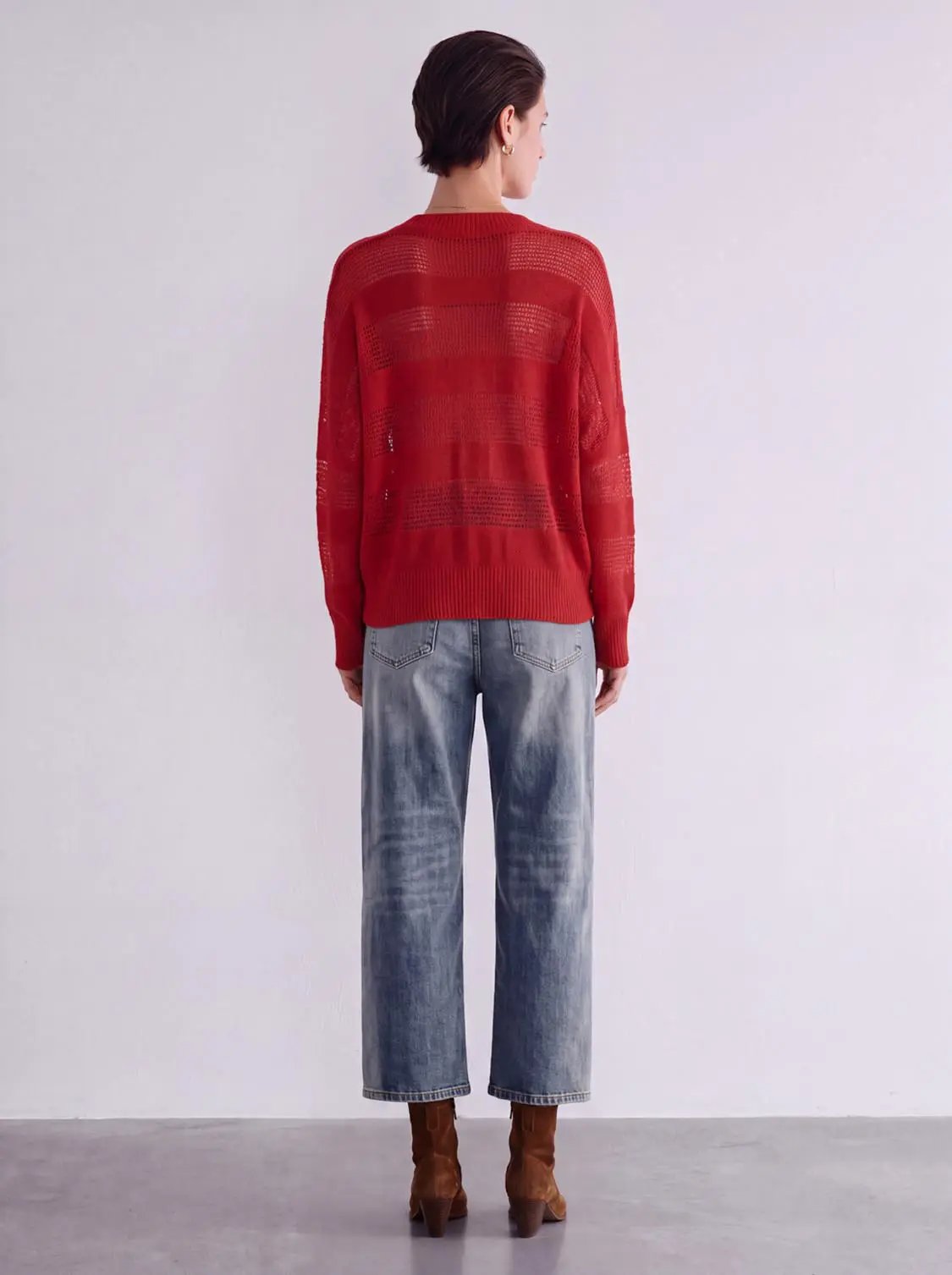 Striped sheer knitted T-shirt, red, Urban Revivo Fashion top on model (back view)