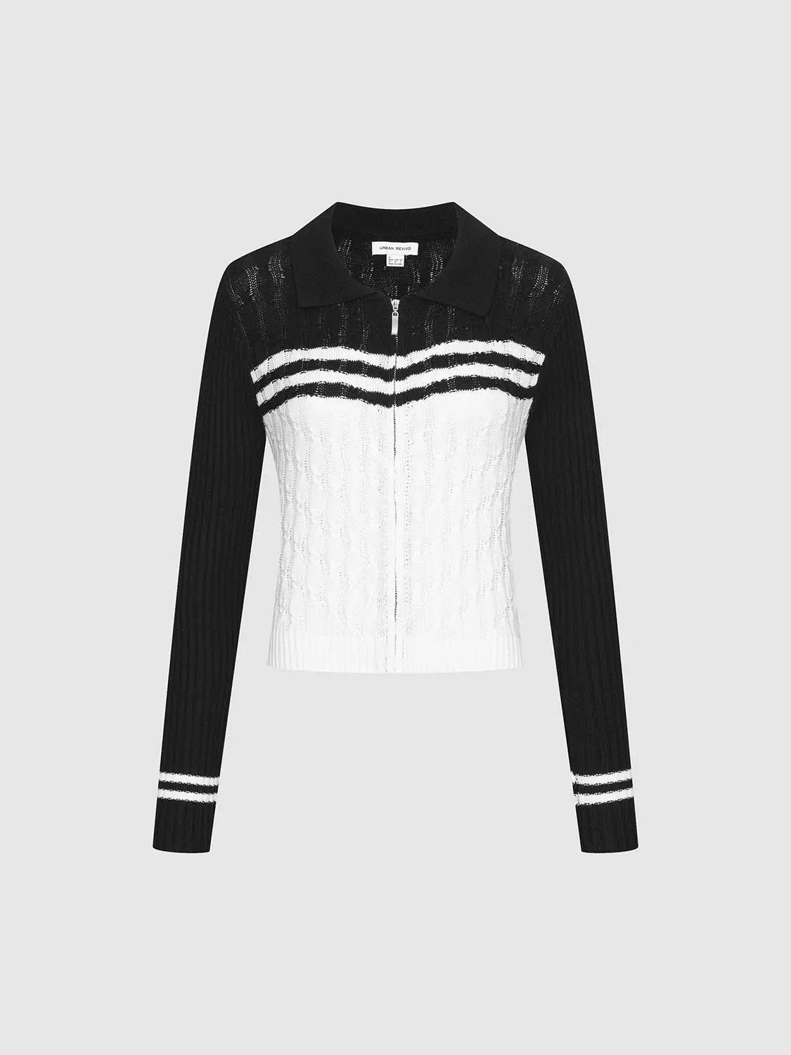 Striped collared knitted cardigan by Urban Revivo Fashion, black with white midsection and striped sleeves, zip-front.