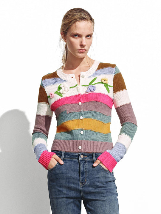 Contrast Floral Applique Knitted Cardigans