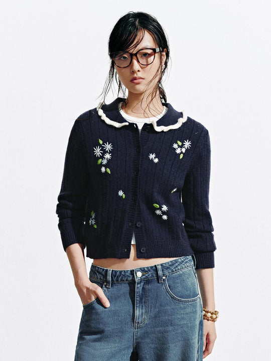 Frill Collar Embroidered Knitted Cardigans