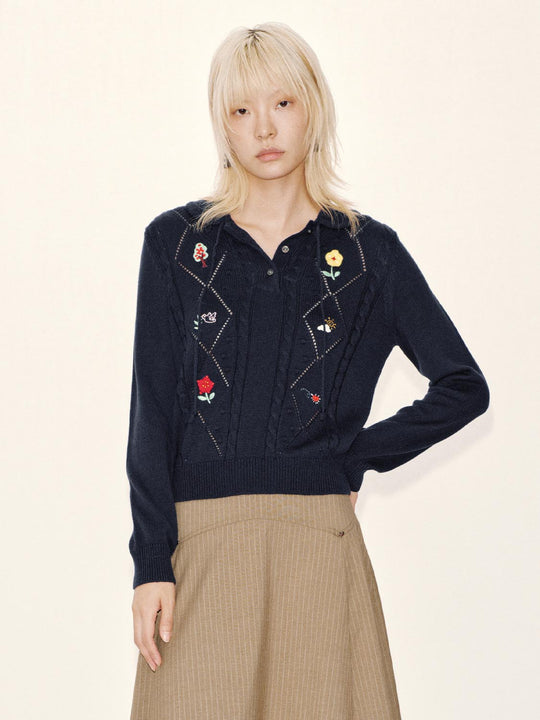 Polo Neck Embroidered Long Sleeve Knitted T-Shirts