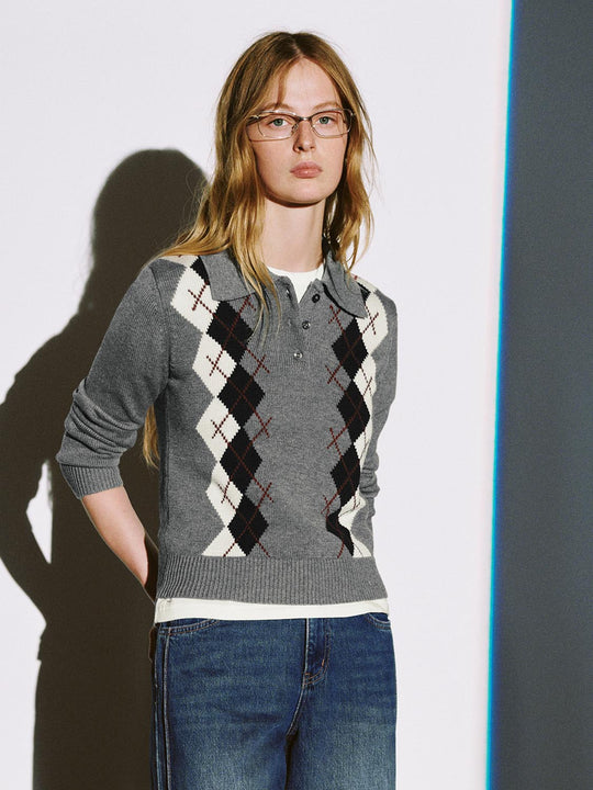 Argyle Polo Neck Long Sleeve Knitted T-Shirts