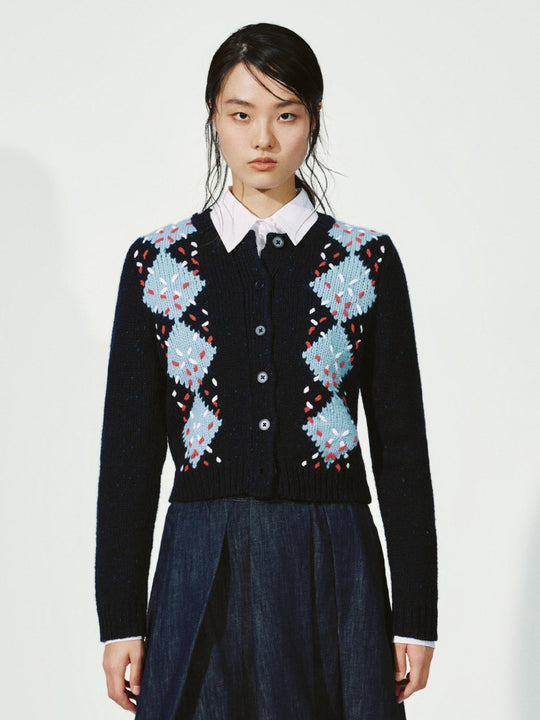 Argyle Crew Neck Wool Blend Knitted Cardigans