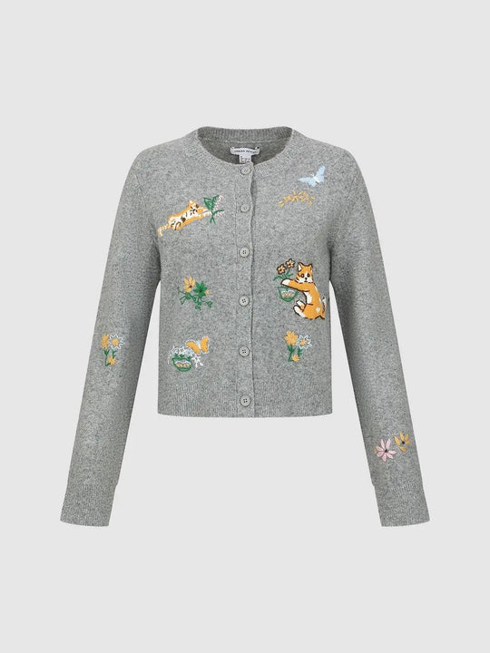 Embroidered Crew Neck Long Sleeve Cardigan