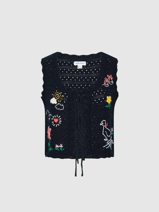 Tie Front Embroidered Sleeveless Knitted Cardigans