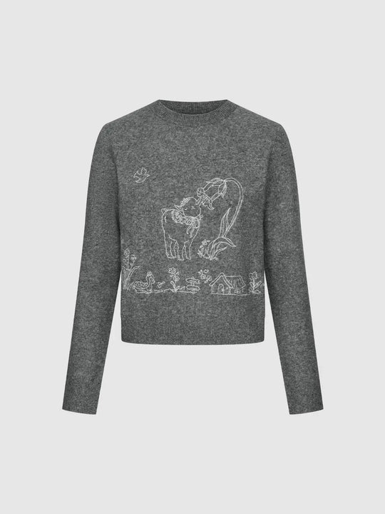 Embroidered Ribbed Knit Crew Neck Long Sleeve Sweater
