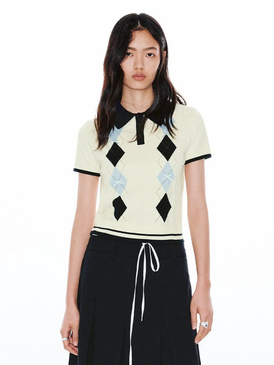 Argyle Detail Cotton Knit Polo Neck Short Sleeve T Shirt