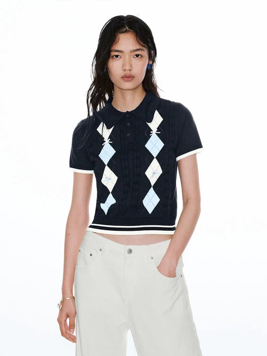 Argyle Diamond Pattern Cotton Polo Neck Knitted T-Shirts