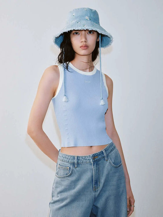 Contrast Trim Sleeveless Knitted T-Shirts