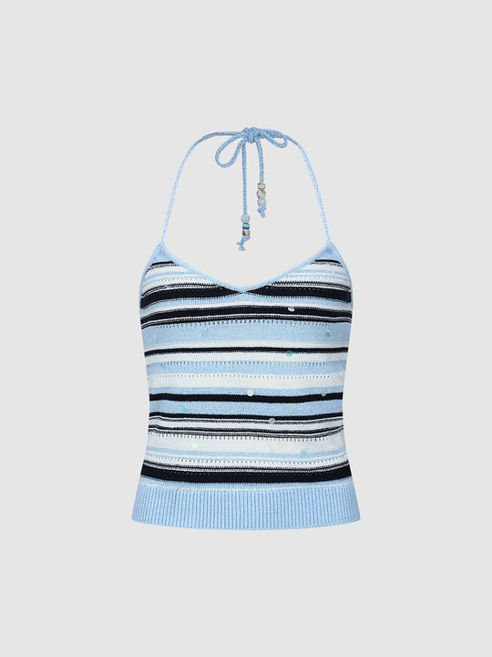 Halter Neck Contrast Striped Knitted Sleeveless T-Shirts