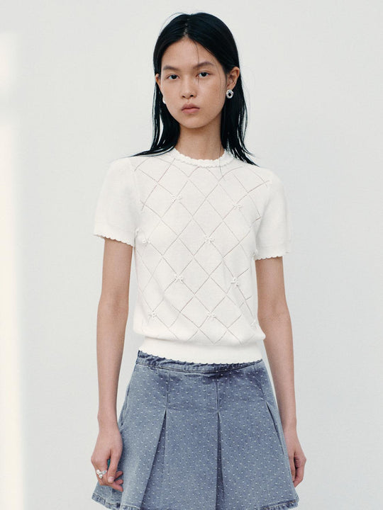 Bow Detail Check Knitted T-Shirts