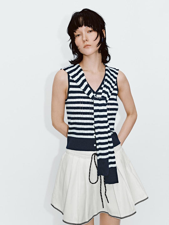 Shawl Detail Contrast Striped Sleeveless Knitted Cardigans