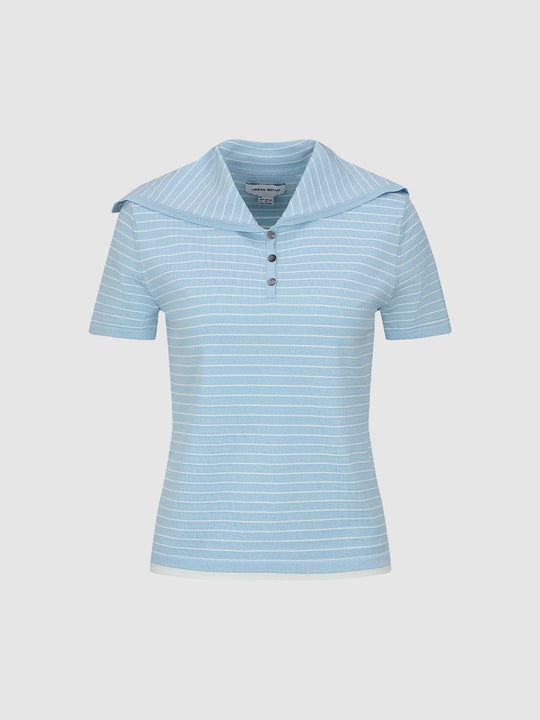 Sailor Collar Contrast Striped Knitted T-Shirts