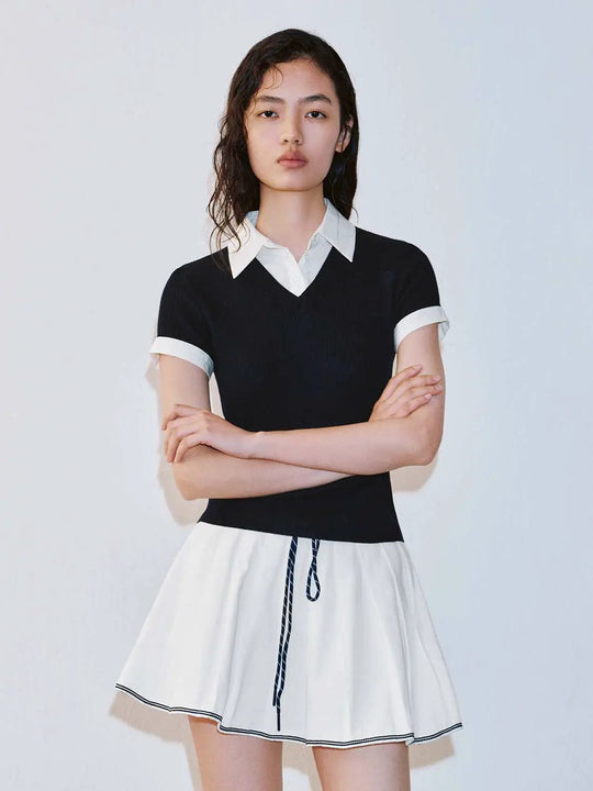 Elegant Polo Collar Knit Top With Cuff Details T-Shirts