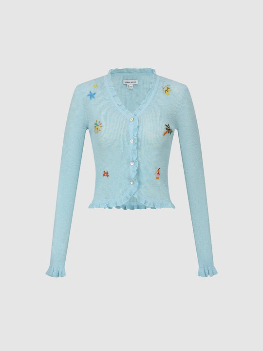 Ruffle Trim Embroidered V-Neck Knitted Cardigans
